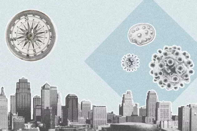 Collage of city skyline, a compass and bacteria. Illustration.