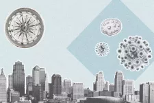 Collage of city skyline, a compass and bacteria. Illustration.